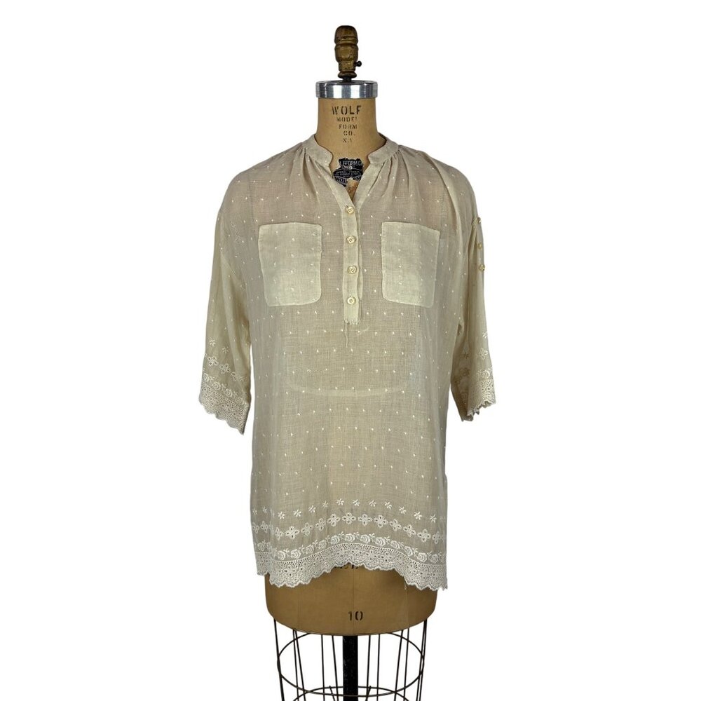 Vintage 70s Sheer Shirt Womens Large Beige Dotted Embroidered Mandarin Tunic - Picture 2 of 11
